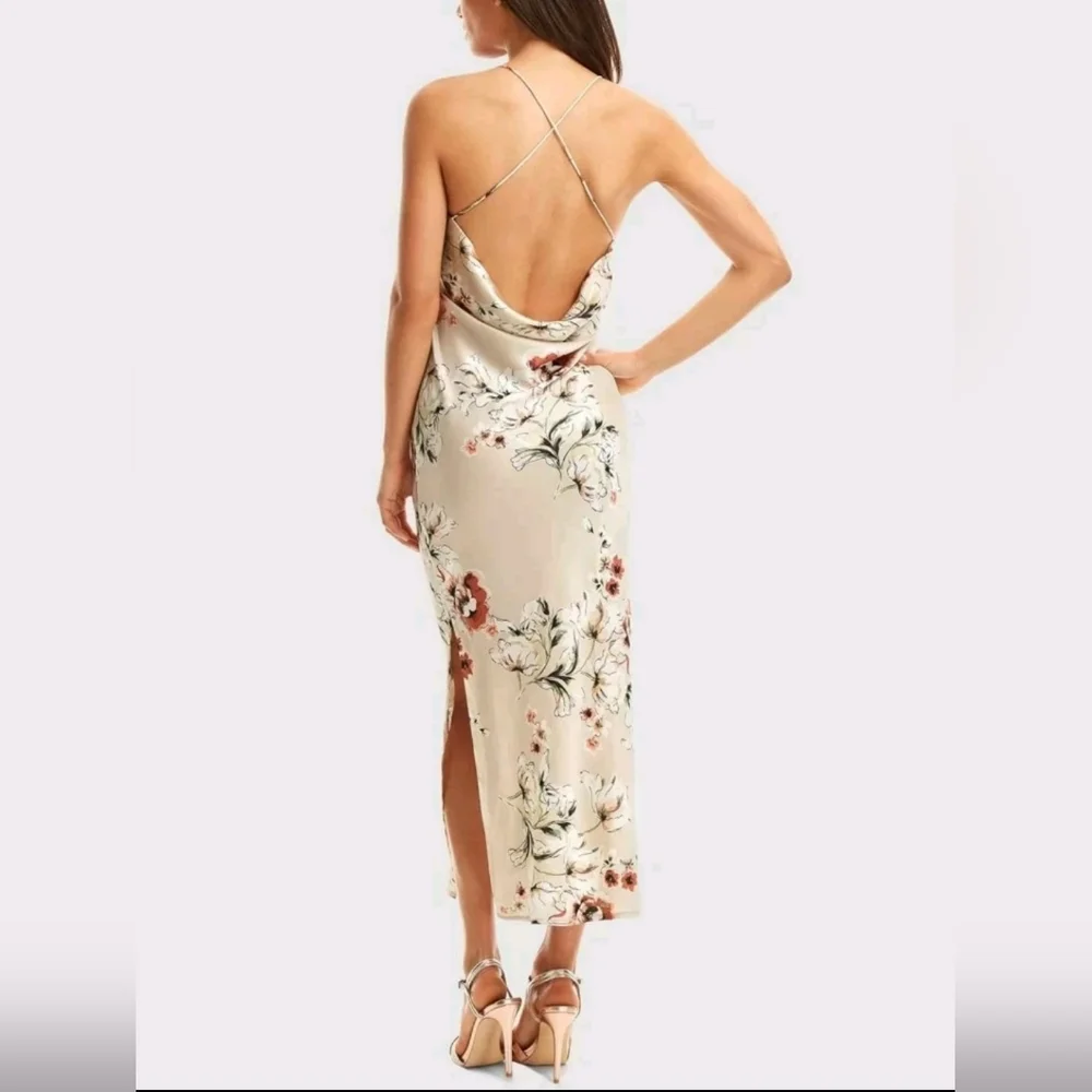 *SOLD*SHEIN Beige Floral Crisis Draped Back Cami Satin Dress - Picture 3 of 4